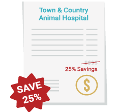 Veterinary invoice graphic showing 25% Pet Assure savings